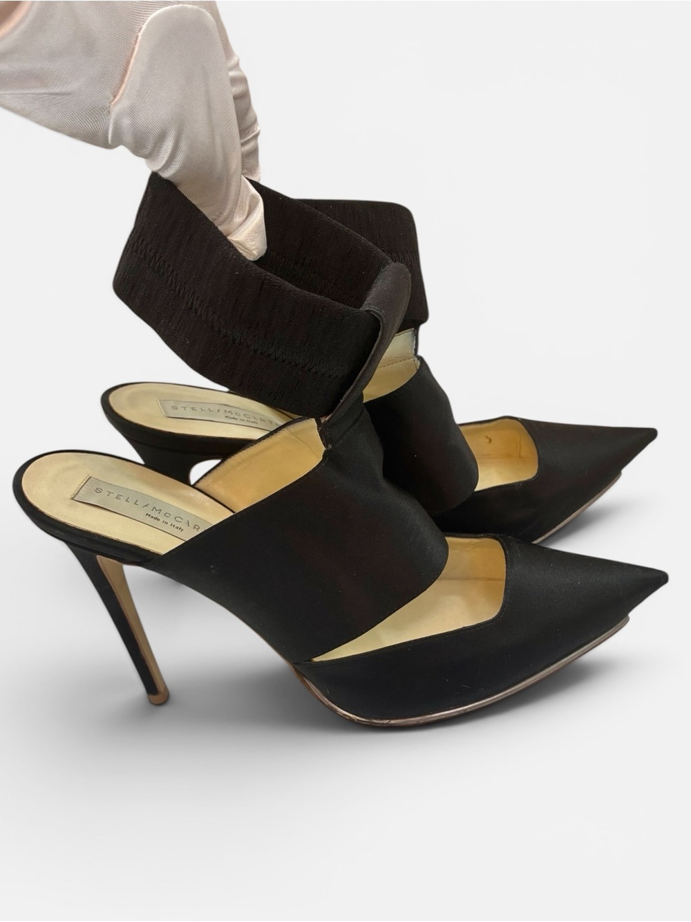 Stella McCartney Black Satin Pointed Slingback Heels with Ankle Cuff - Picture 2 of 6